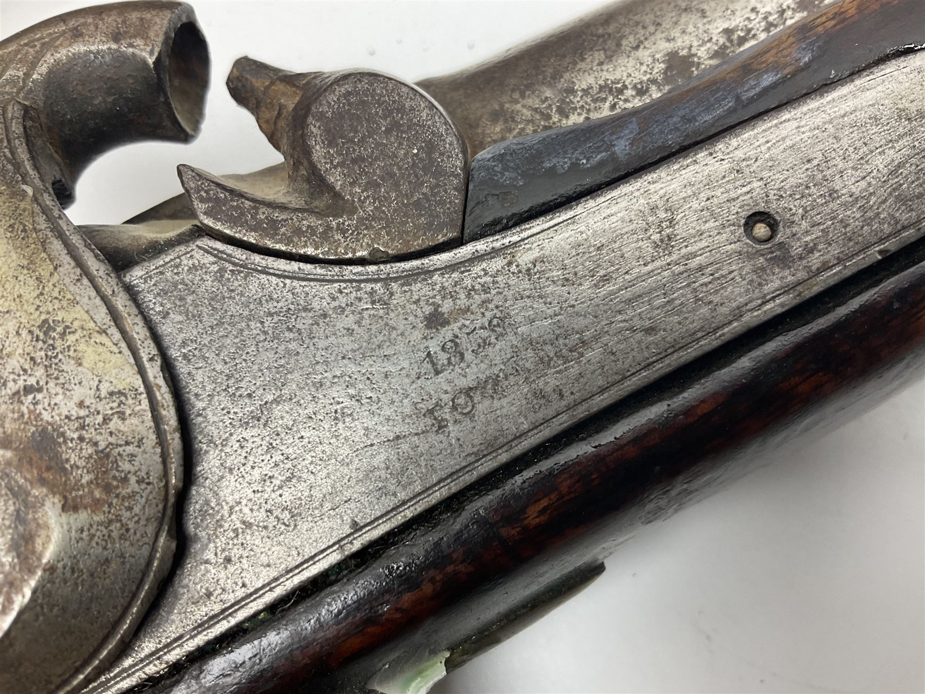 19th century Indian .577 Enfield muzzle loading rifle, proofed for 26-bore, the 98.5cm barrel with three barrel bands and later ram rod L140cm overall; 19th century Belgian side-by-side double barrel percussion shotgun, approximately 20-bore, with 74cm barrels and studded walnut stock, lock plate marked 'Liege 1868' and 'V. Gulikers-Maquinay' L117cm overall; and another side-by-side double barrel shotgun by Smythe with underlever opening (3)