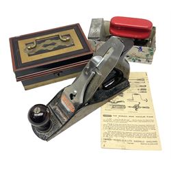 Stanley No.4 wood working plane, in original box, together with a cash tin box and British Boudoir travel iron 