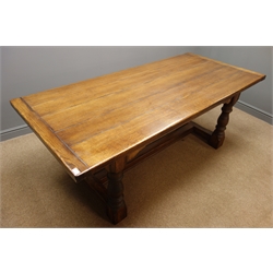  20th century oak refectory dining table, rectangular bread boarded planked top, turned supports with stretcher (199cm x 82cm, H76cm)  