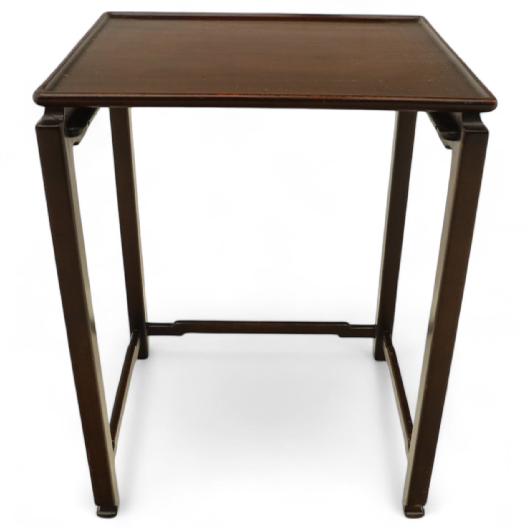 Whytock & Reid, Edinburgh  - Edwardian nest of three Chinese-style solid mahogany occasional tables, rectangular top with finely moulded edge above slim square section legs with subtly chamfered inner edges, joined by H-shaped stretchers, largest W40xD33xH52cm