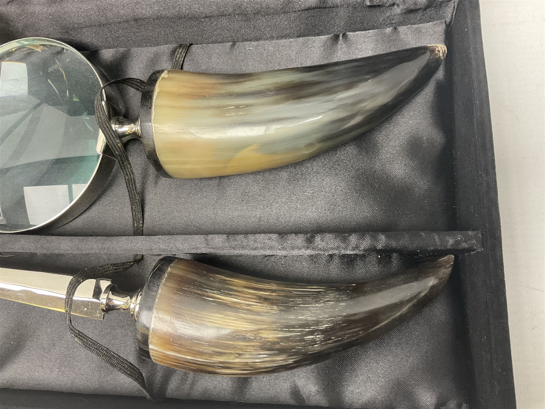 Horn handled magnifying glass and letter opener cased set, replica Scrimshaw in the form of a tusk titled The Ship Charles W Morgan New Bedford and pair of binoculars