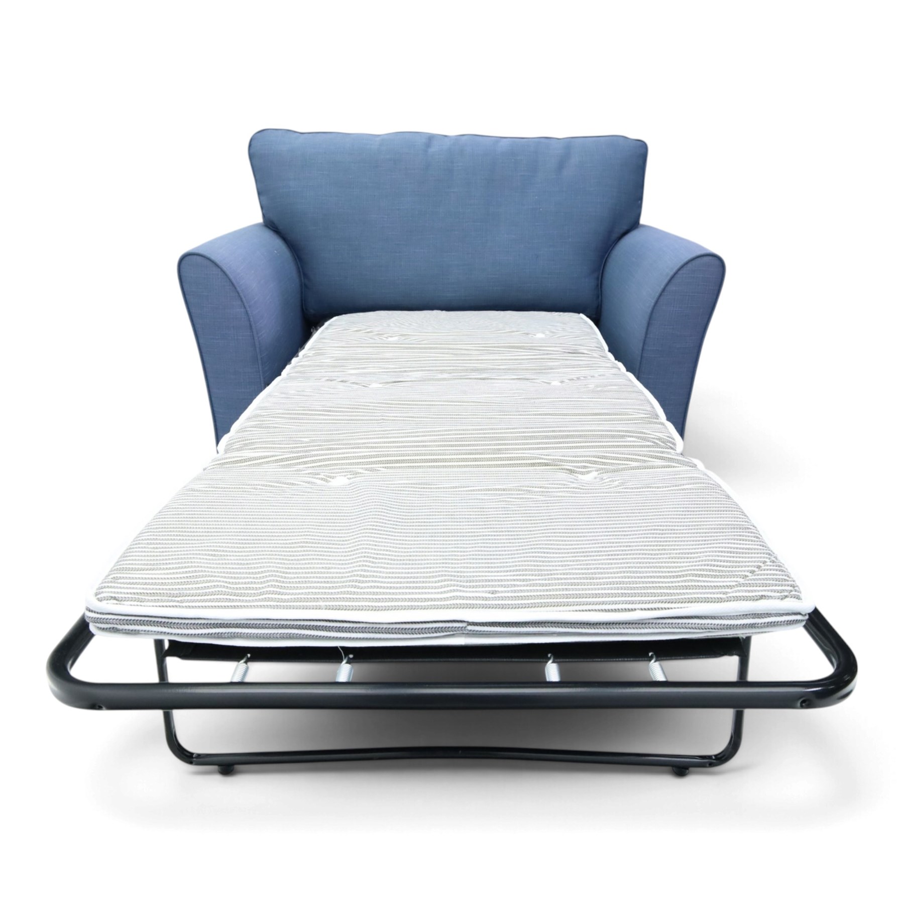 Contemporary blue small sofa bed, shaped arms with loose seat cushions, stowed bed beneath, raised on light wood feet