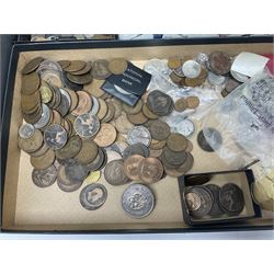 Great British and World coins and banknotes, including pre-decimal coinage, Britain's first decimal coins sets in blue folders, silver one yen coin converted into a brooch, commemorative crowns etc