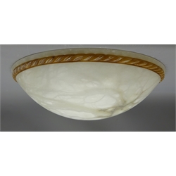  Large classical style white veined alabaster dome shaped light shade with painted and carved entwined border, D58cm   
