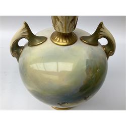 Early 20th century Royal Worcester vase decorated by Harry Davis, the squat ovoid body with twin handles and short flared gilt neck hand painted with sheep against a highland landscape, signed H Davis, upon a circular gilt foot, with puce printed marks beneath including shape number 2249, and date code for 1910, H23.5cm