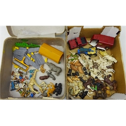  Britains & other plastic farm animals, machinery & zoo animals including die-cast 5610 ford tractor & Defender with Beaufort Double Horse Box Trailer, plastic animals & one lead cow, farmers, water trough, kidd roller etc & zoo animals   