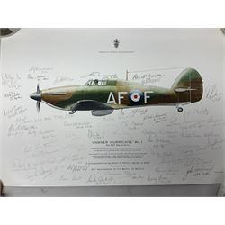Collection of twenty-one unframed and seven framed prints of predominantly aviation interest after David Pritchard, Brian Petch, Stephen Teasdale, Barry Price, Coulson, Wardle etc; depicting Spitfires, Hurricanes etc; some limited editions with certificates and many bearing multiple signatures on the mount