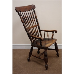  Victorian Lambert Hitchcock style elm Windsor armchair, shaped cresting rail, turned spindles and supports, W62cm  