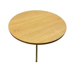 Late 20th century circular beech top dining table, raised on three white painted splayed supports