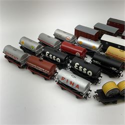 Hornby Dublo - twenty-one re-painted wagons including tank wagons for Esso, Pool, Fina, Regent, Shell, Cleveland Discol, Redline & Ensign etc, cable drum bogie wagon with four drums, triple container bogie wagon and covered wagons; all unboxed (21)