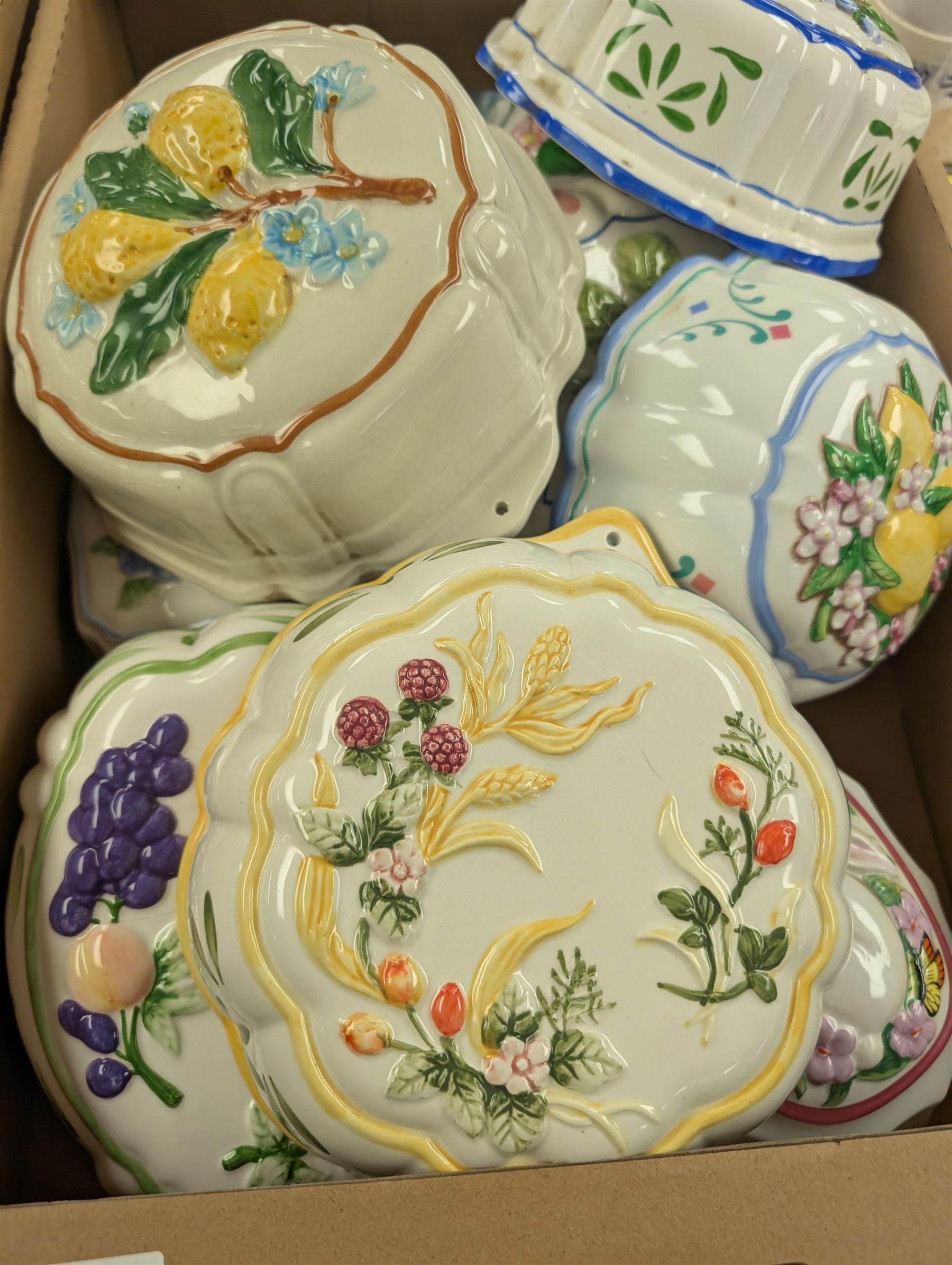 Collection of ceramic moulds, including Franklin Mint Le Cordon Bleu examples, Cauldon tureen, large tray, Delft charger, etc in two boxes