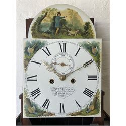 An oak and mahogany longcase clock by William Hewson, Lincoln c 1860, with a swans neck pediment, ball and spire finials and brass paterae, break arch hood door flanked by reeded pilasters with brass capitals, oak trunk with canted corners and a short oak door with mahogany crossbanding, conforming plinth with applied skirting, fully painted dial with Roman numerals, minute track and subsidiary seconds dial, matching brass stamped hands and winding collets, depiction of a  sportsman to the break arch and corresponding game birds to the spandrels, dial pinned directly to an eight-day rack striking movement with a recoil anchor escapement, striking the hours on a bell. Original casemakers label pasted to the inside of the case 