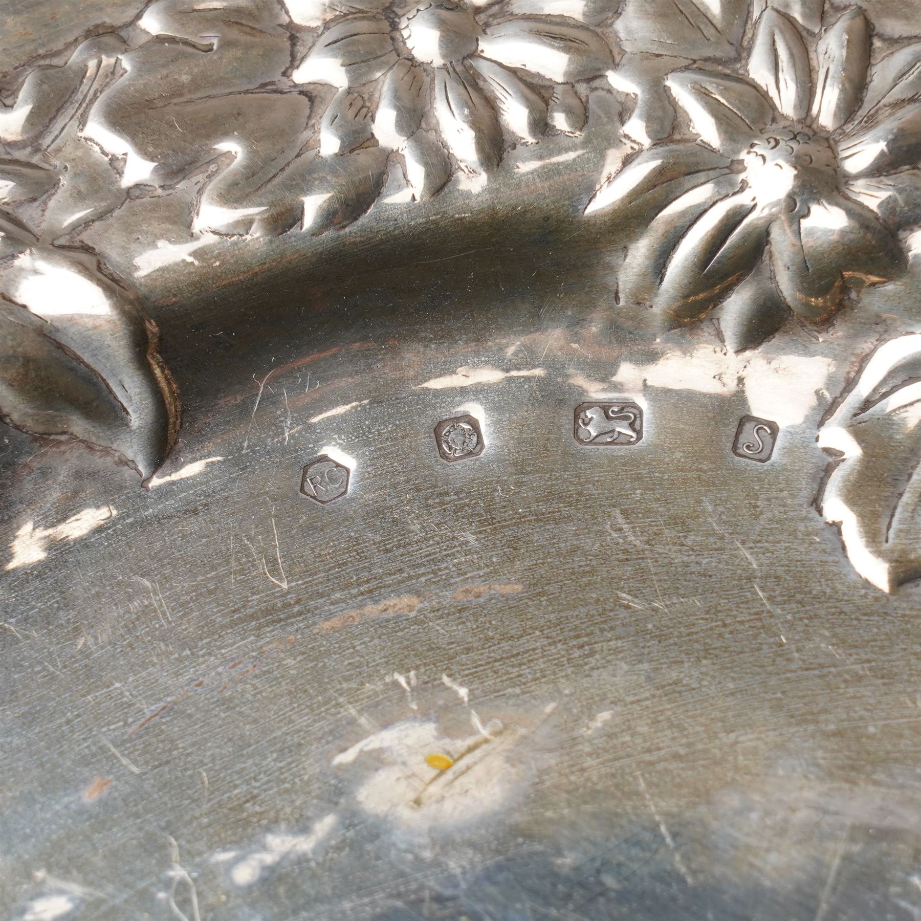 Pair of silver sauce boats with crimped rims Sheffield 1935 Maker Mappin & Webb, small embossed silver tray and two other small trays