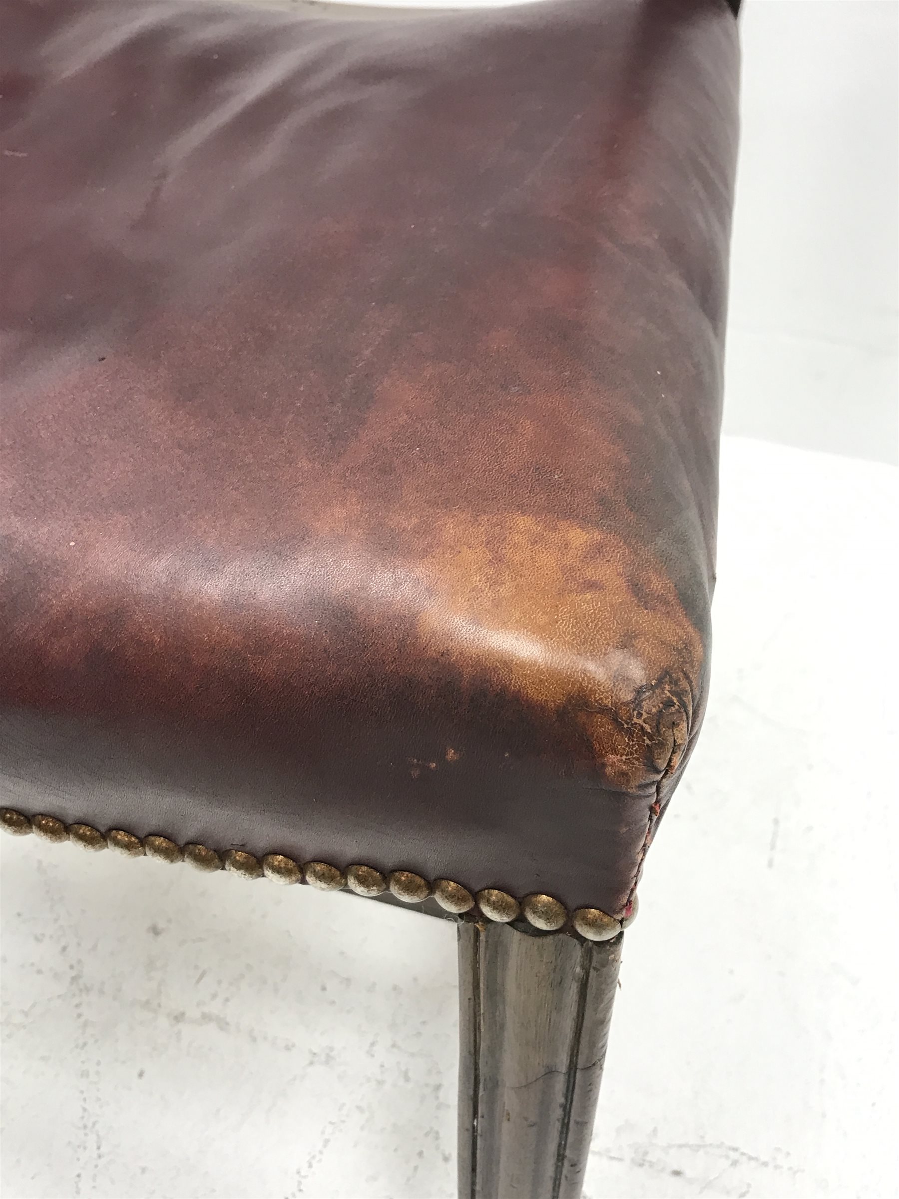 Georgian mahogany Chippendale style chair, moulded frame with pierced and waved slat back, dished leather upholstered seat with stud work, on moulded square supports jointed by stretchers, seat width - 53cm, seat height - 45cm