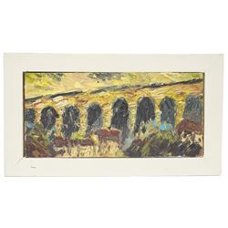 Barry De More (Yorkshire 1948-2023): Westvale Viaduct', oil on board, signed titled and dated 2012 verso 14.5cm x 31cm
Provenance: consigned by the artist's widow