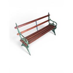 Coalbrookdale - Lily Pad design cast iron an wood slatted garden bench, late 19th century Aesthetic Movement, no. 217569, distressed green paint, iron centre support and seat stretcher, hardwood slatted