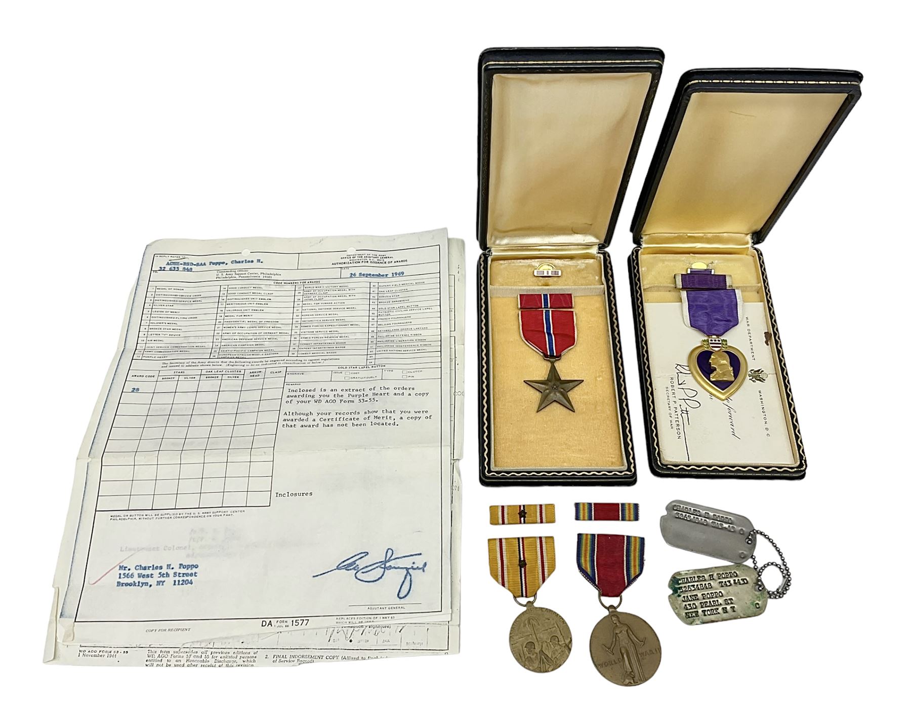 American Purple Heart Medal awarded to 32634848 Charles H. Poppo; cased with identity tags and paperwork; and Bronze Star Medal awarded to U.S. Marine Esteban T. Maranao; cased; American WWII Victory Medal and Asiatic Pacific Campaign Medal