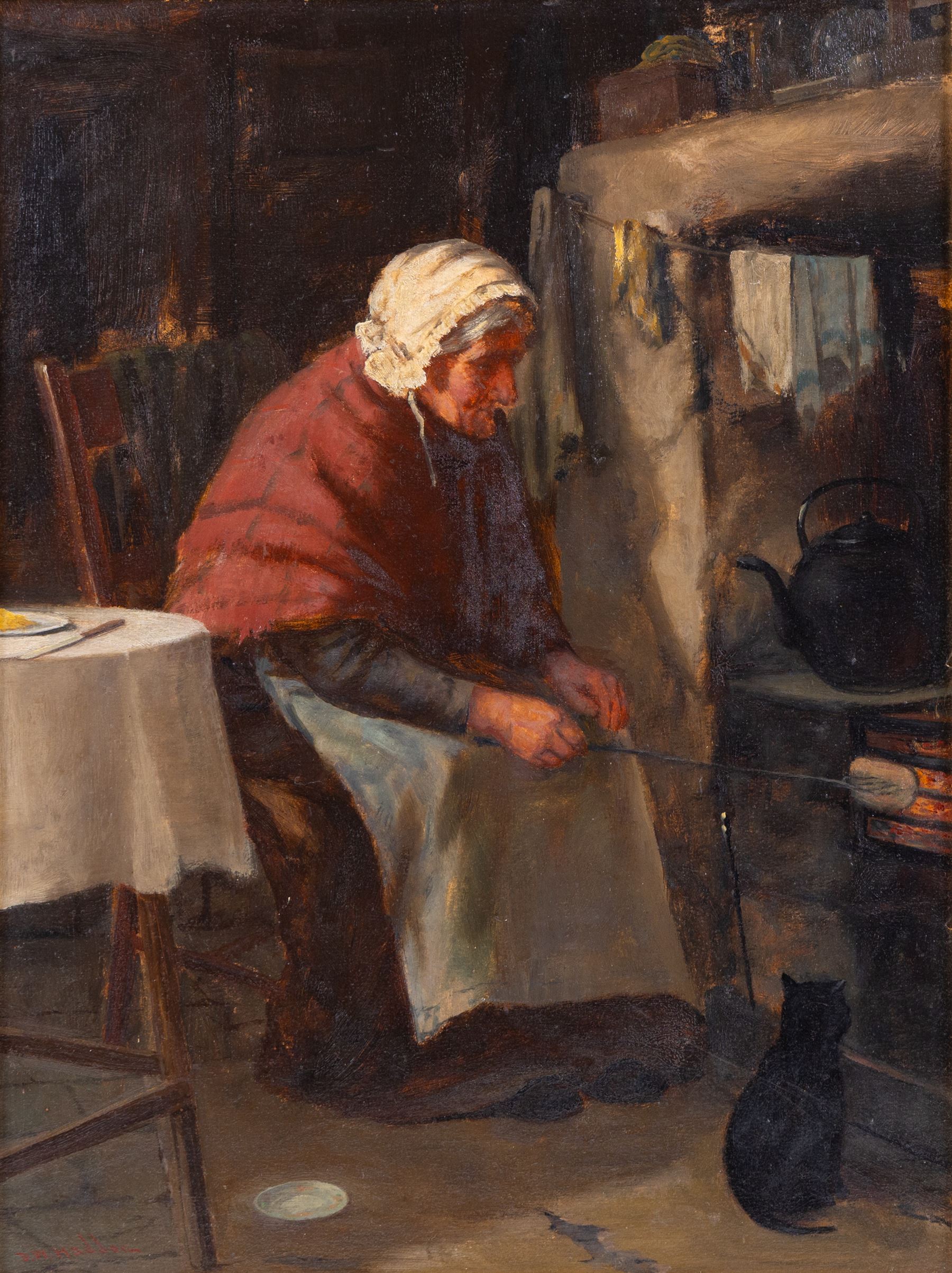 David W Haddon (British fl.1884-1914): Old Lady with Black Cat Toasting Bread on the Kitchen Range, oil on board signed 40cm x 30cm 
Provenance: David Duggleby Ltd 26th November 2021 Lot 182