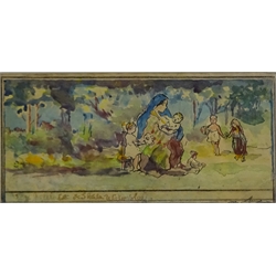  James Ulric Walmsley (British 1860-1954) & Doris Sheila Walmsley (Mid 20th century): Allagorical Woodland Nativity scene, pen with watercolour inscribed 'By J Ulric & Sheila Walmsley' 8.5cm x 18cm  Notes: the inscription is probably in the hand of Sheila Walmsley who is Ulric's daughter  DDS - Artist's resale rights may apply to this lot     