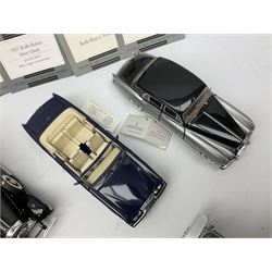 Eight Franklin Mint diecast models of cars, 1911 Rolls-Royce Tourer, The Rolls-Royce Corniche IV, The Mercedes Simplex, 1955 Rolls-Royce Silver Cloud, 1921 Rolls-Royce Silver Ghost, 1907 Rolls-Royce Silver ghost,1929 Rolls-Royce Phantom I,  and 1930 V-16 452 Cadillac Imperial Sedan, all with original tags attached