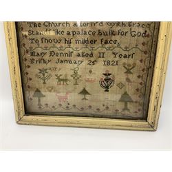 Early 19th century cross stitch sampler, worked by Mary Dennir aged eleven, dated 1821, with a band of alphabet and numbers above religious verse and animal and motifs within floral border, framed, together with a framed religious tapestry, tallest H77cm