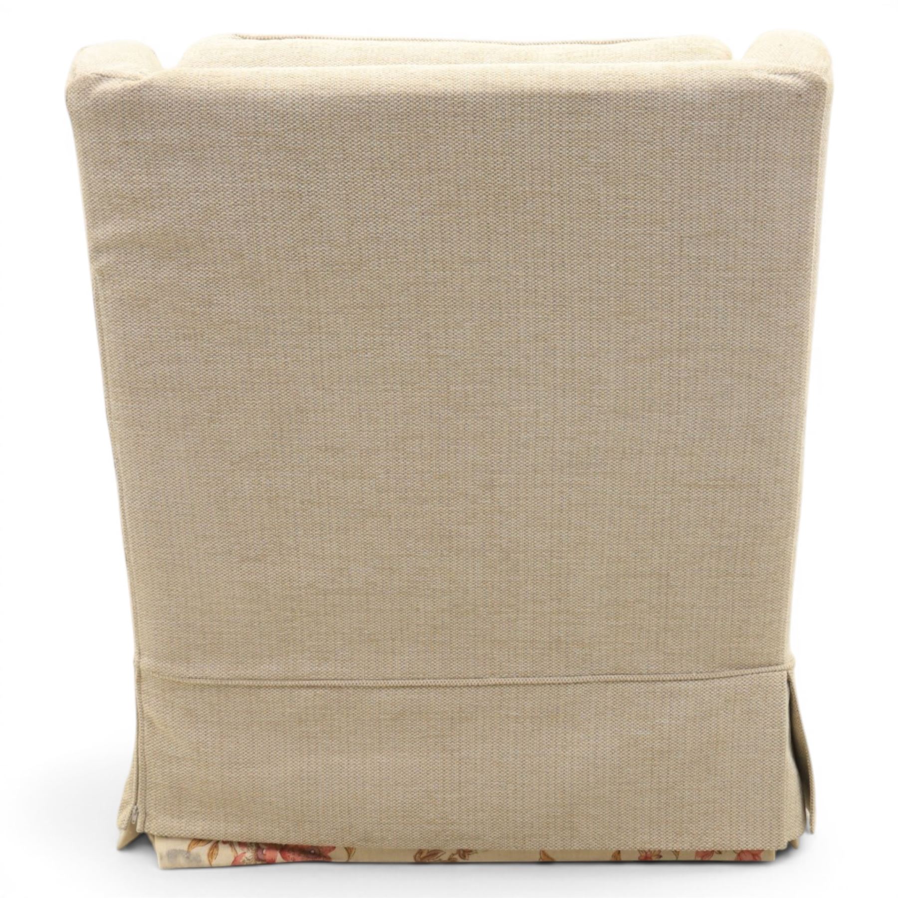 Wesley Barrel - two seater sofa and matching armchair,with scrolled arms and loose cushions, beige chenille fabric, raised on castors  (Armchair: H 100cm, D 100cm, W 87cm)