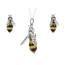Silver Baltic amber honey bee pendant necklace, stamped 925 and a pair of silver matching stud earrings
