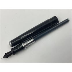 Acqua Di Parma for Aurora fountain pen, the black barrel with chrome mounts and cap, and white gold nib stamped 14K, together with a matching ballpoint pen, L13.5cm (2)