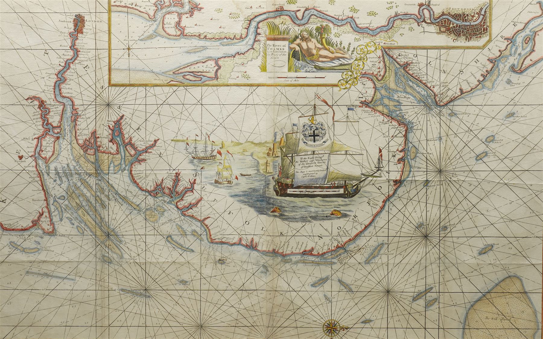 Captain Greenville (Greenvile) Collins (British 1643-1694): 'The River of Thames from London to the Buoy of the Nore', 17th century engraved map or sea chart with hand-colouring pub. c.1693, 59cm x 93cm