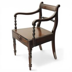 19th century Carolean design oak hall chair, carved cresting rail over barley-twist uprights, high back and loose seat upholstered in wool-work foliate tapestry (W46cm H116cm); 19th century elbow chair mahogany with spiral turned centre rail and roundel-applied frieze (W56cm H85cm)