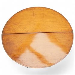 George III satinwood demi-lune tea table, fold-over top over double-gate leg action base, the central frieze rails and support headers inlaid with floral marquetry panels, on square tapering supports and block feet 