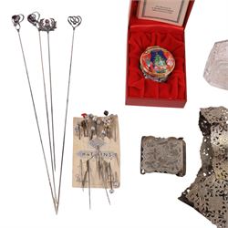 Three silver Charles Horner hat pins, hallmarked, together with Halcyon Days enamel box, silver collared scent bottle, hallmarked, further hat pins, and silver plated belt and buckle