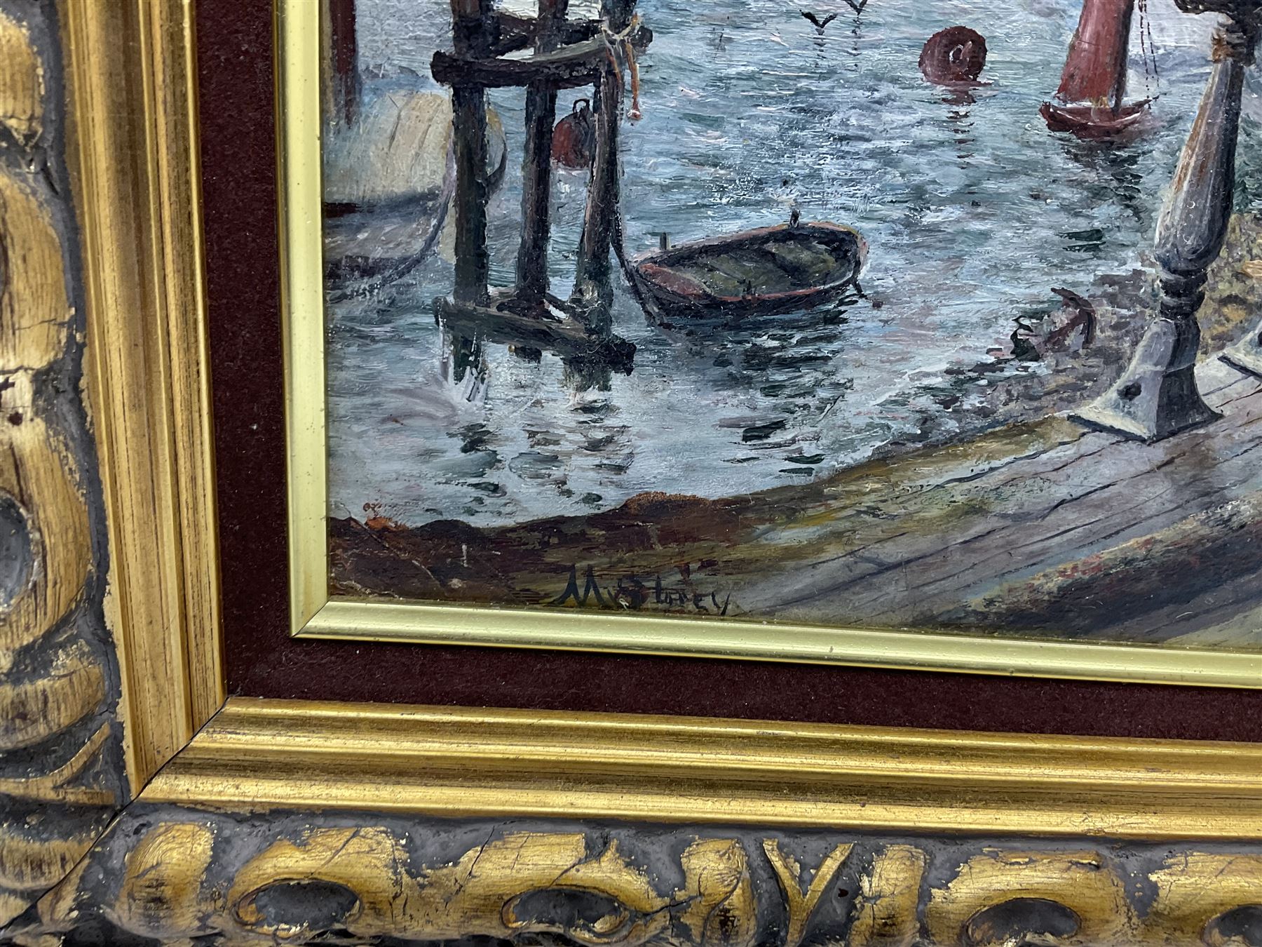 M Storey (British 20th century): Quay Side Scene, oil on board signed 50cm x 40cm