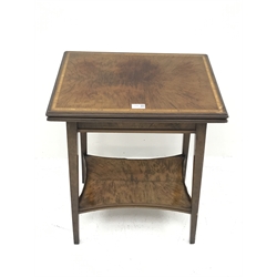 Edwardian figured walnut occasional table, fold over moulded rectangular top with satinwood banding, square tapering splayed supports connected by undertier, 51cm x 37cm, H66cm (closed)
