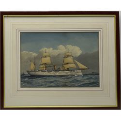 William Frederick Mitchell (British 1845-1914): H.M. Troopship 'Jumna' - Steam Ship Portrait, watercolour heightened in white signed dated 1883 and numbered 1315, 24.5cm x 35cm 

