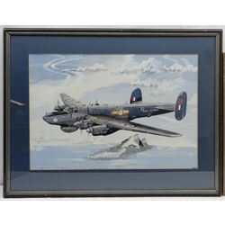 David L Marshall (British 20th century): AVRO Shackleton AEW.2, gouache signed 38cm x 56cm; English School (20th century): Biplanes, five watercolours heightened in white framed as one unsigned, largest 20cm x 45cm (2)