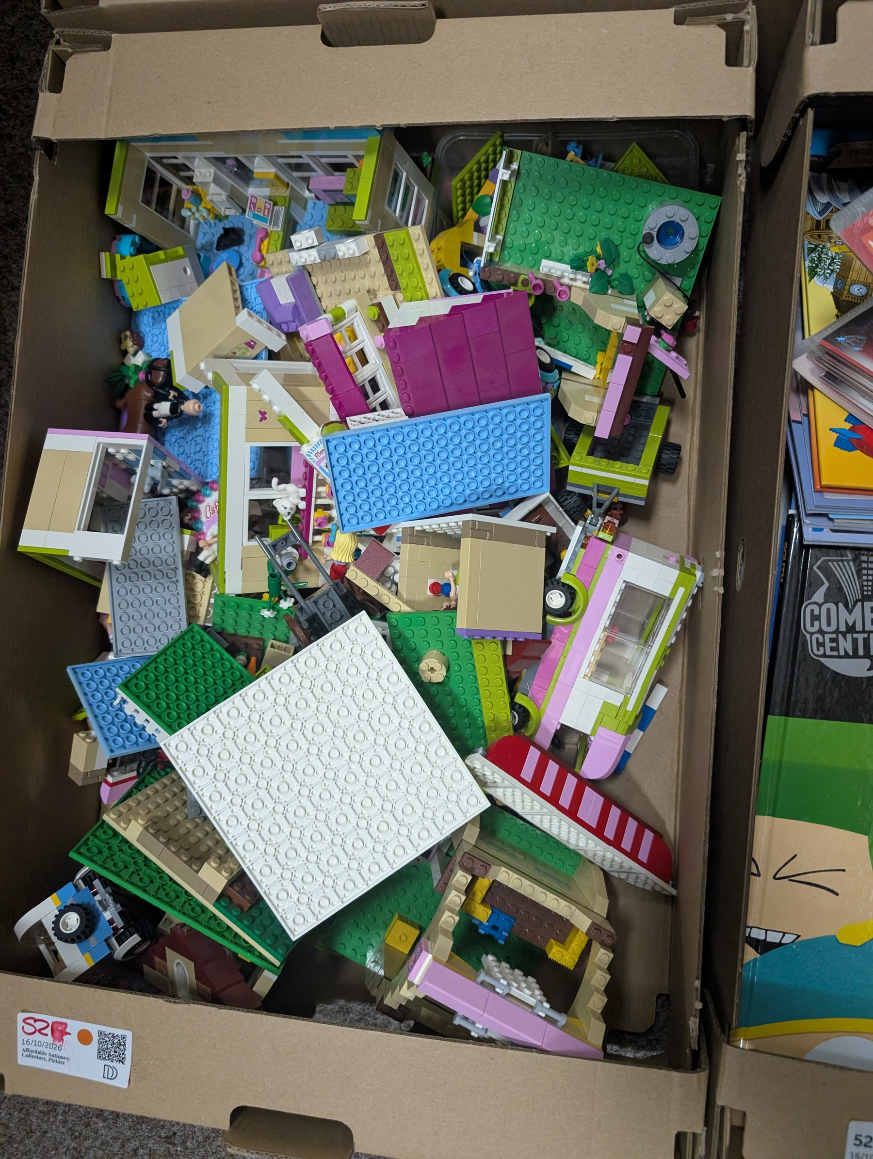 Collection of toys, including Lego Friends, soft toys, football trading cards, etc, in boxes