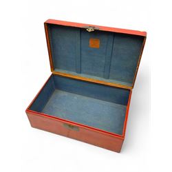 Pair of Chinese 18th century hand-painted leather-bound wooden trunks, each adorned with metal locks, twin carrying handles and patterned fabric-lined interior