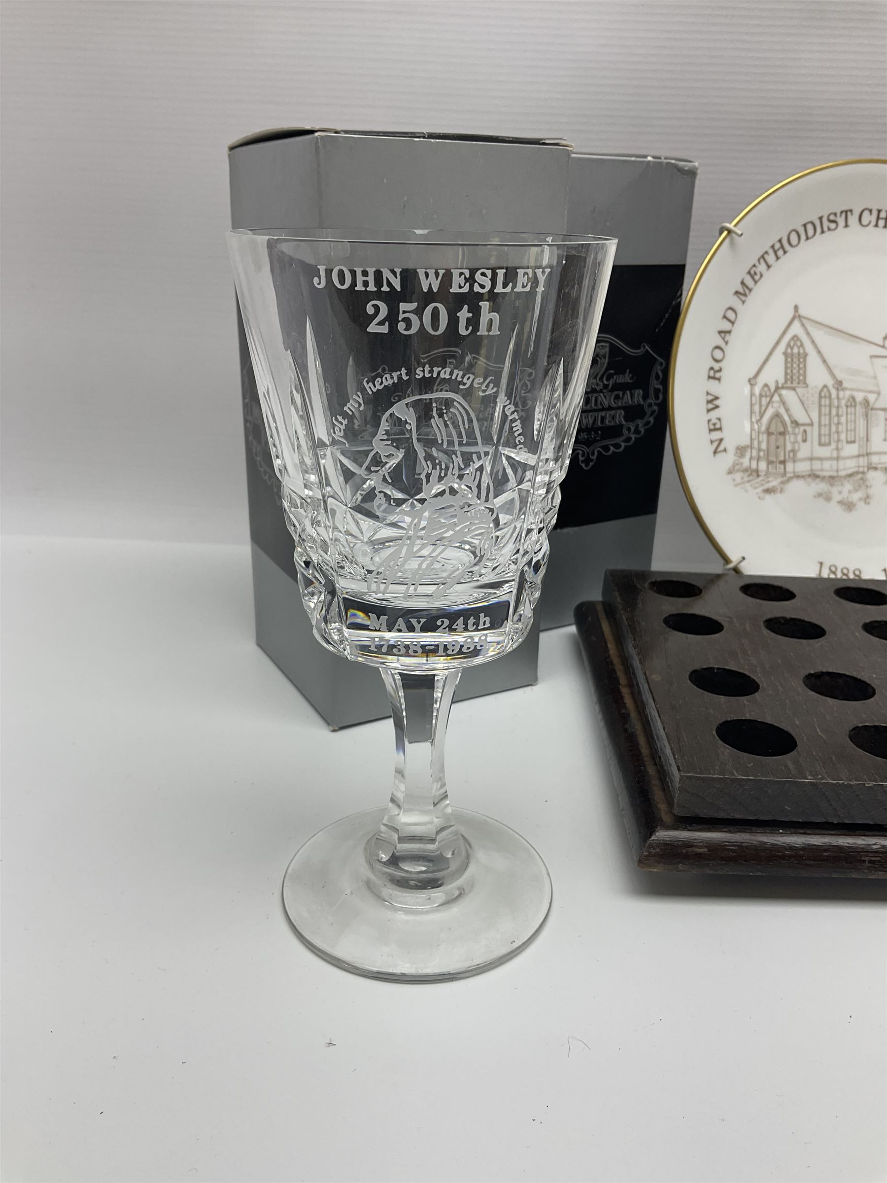 Collectables relating to the Methodist Church, including plates, goblet and mugs commemorating the 250th anniversary of the church, together with two wooden communion cup holders, etc