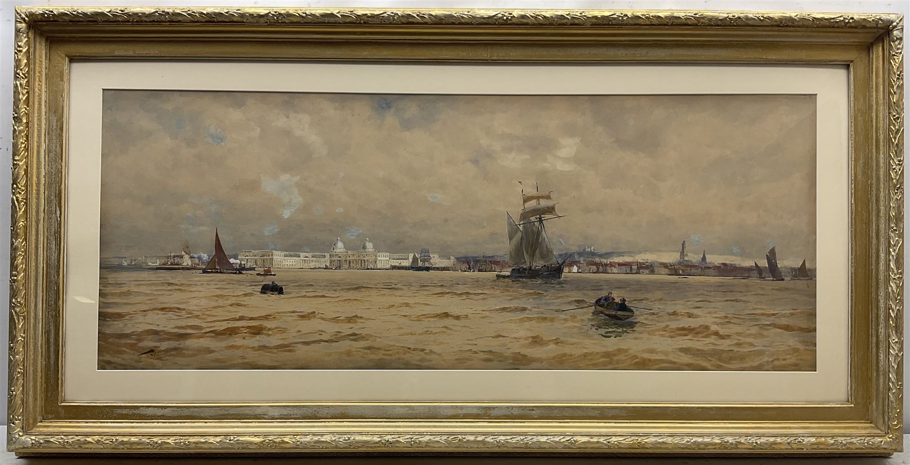Thomas Bush Hardy RA RBA (British 1842-1897): Shipping on the Thames at 'Greenwich', looking towards the Royal Naval College, watercolour signed titled and dated 1885, 39cm x 101cm