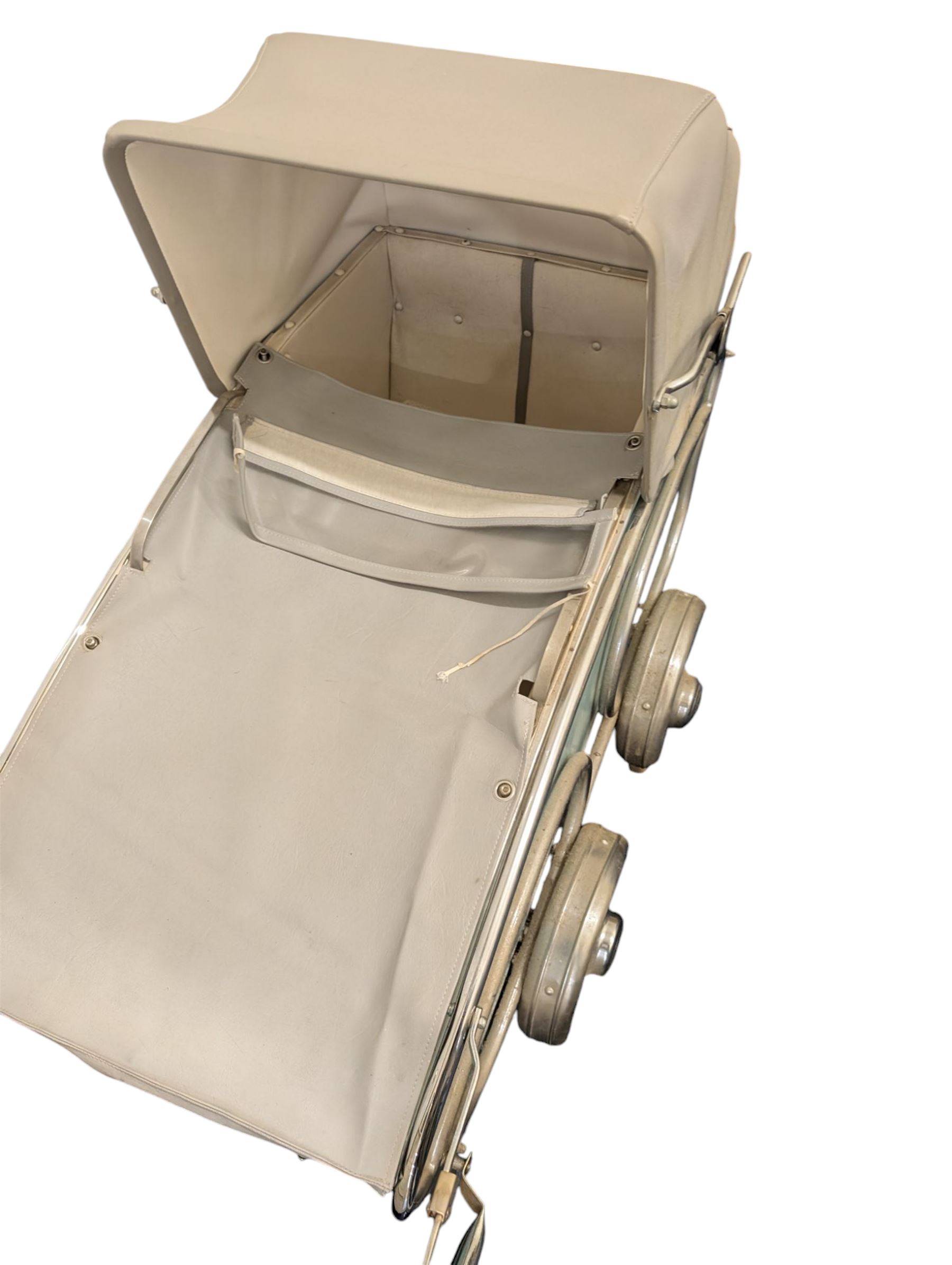 Mid 20th century Dutch baby pram/stroller, with wooden teal sides and chrome chassis, with retailers label for Mors Ouderwetse Kinderwagens, handle H100cm, L130cm