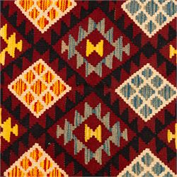 Afghan Maimana flatweave kilim, central crimson field features a large bold nested diamond motif and stylized geometric lozenge patterns on olive purple, blue, yellow and green tone ground, border stripe in teal ground, and fringe