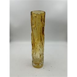 Sklo Union clear glass labrinth vase by Frantisek Vizner, together with two Luminarc geometric cranberry glass vases,Whitefriars style vase in the tangerine colourway, and one other 