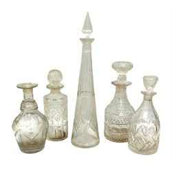 Group of five various 18th/early 19th century cut glass decanters, to include facet cut decoration and double ring necked examples, examples decorated with prismatic cut diamonds etc, one example lacking stopper, tallest H44cm