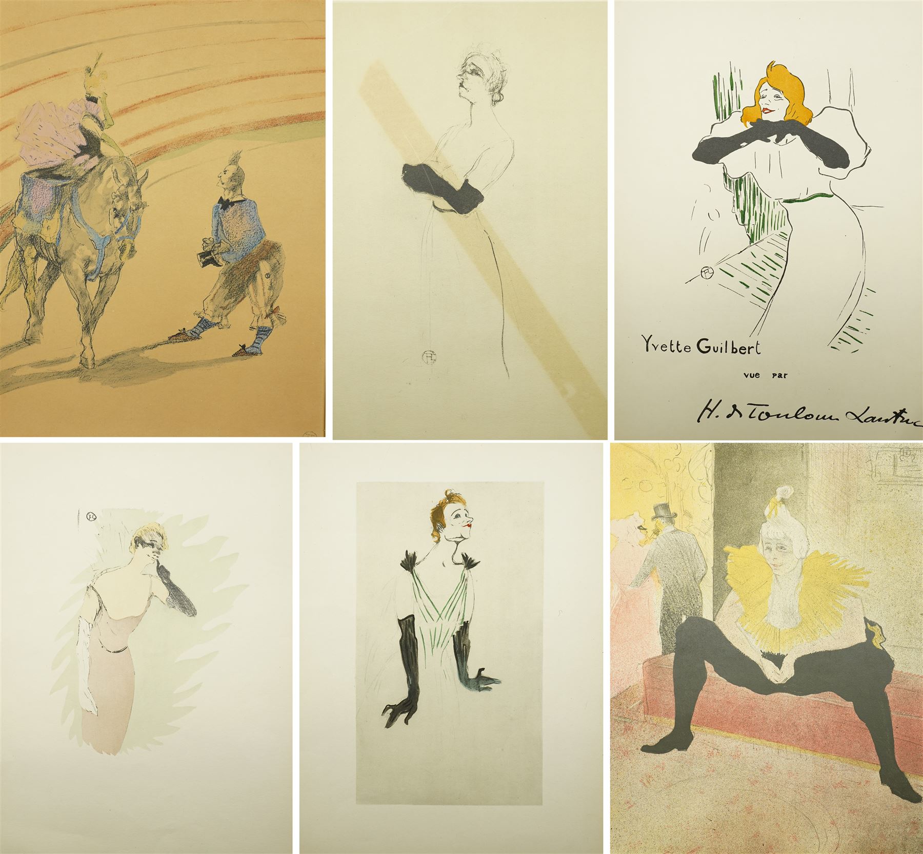 After Henri de Toulouse-Lautrec (French 1864-1901): Yvette Guilbert and Cabaret Scenes, set five lithographs one numbered 1118/1500 with printed monogram or blindstamp, together with exhibition poster Toulouse-Lautrec: Maison de la Pensée Française, Paris max 67cm x 47cm (6)