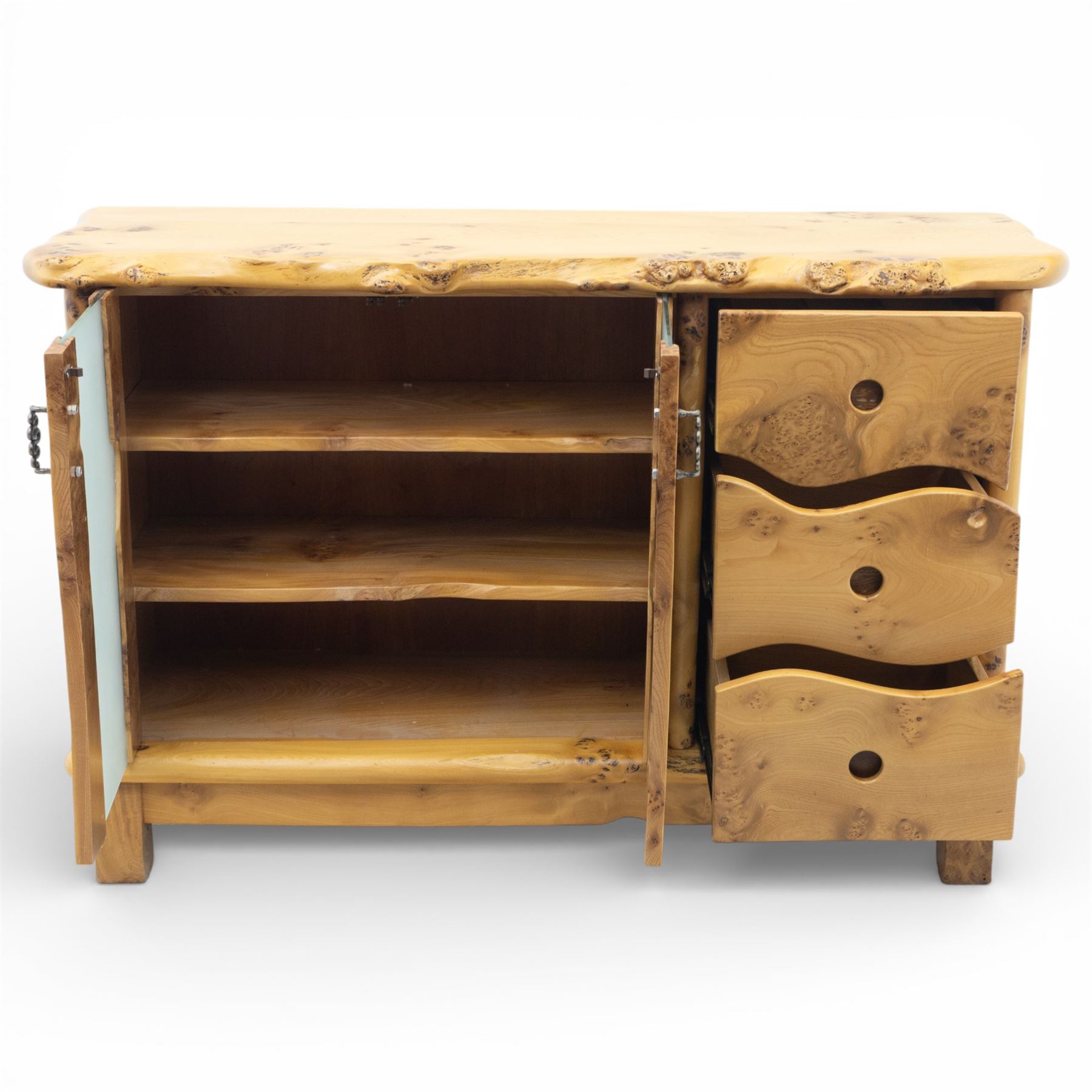 Paul Hodgkiss Designs of Glasgow - contemporary figured elm sideboard, burred elm organic form top, with frosted glass cabinet wrought metal handles revealing a fixed shelf interior, with three shaped drawers enclosing a fitted cutlery drawer, raised on square block feet 