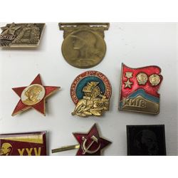 Five WW1 French medals comprising Medaille Militaire Gallantry Award, two Croix de Combattant, Medaille Commemorative Francais 1914-18 and a Patriotic Medal; together with small quantity of Russian badges etc