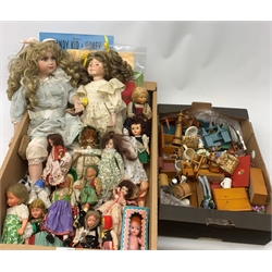 A Hamilton Collection doll, together with other examples, and a quantity of assorted dolls house furniture, etc. 