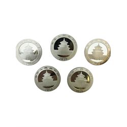 Five China 30g fine silver Panda coins, dated 2016, 2017, 2018, 2019 and 2020