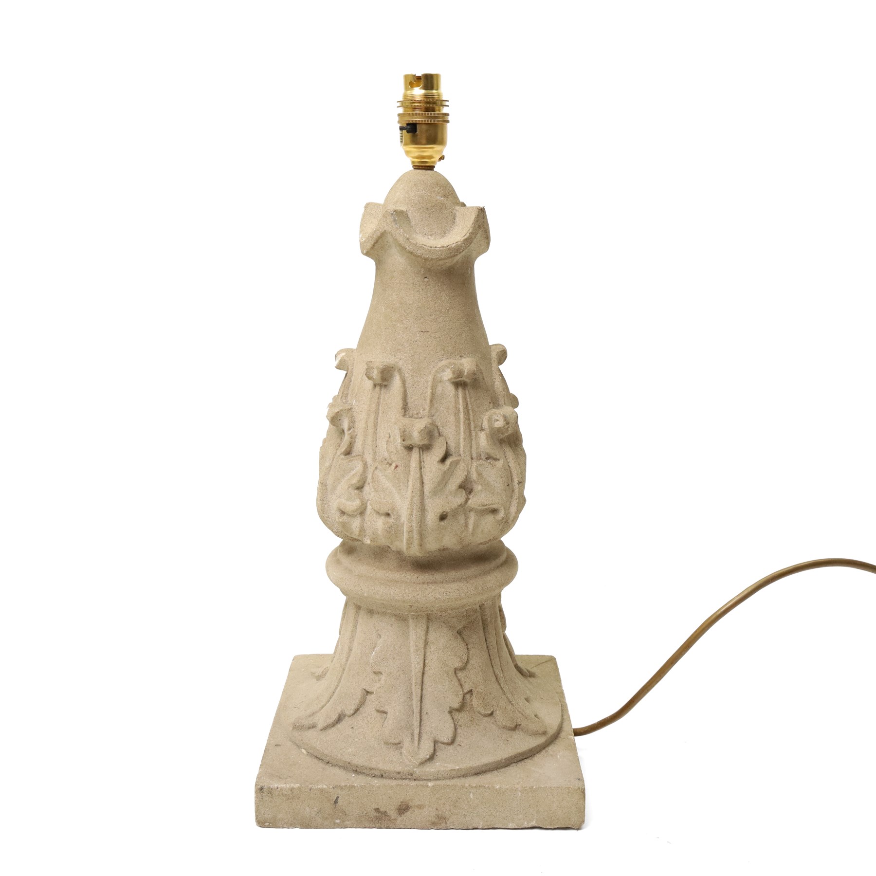 Carved stone finial lamp, including fittings, H46cm 